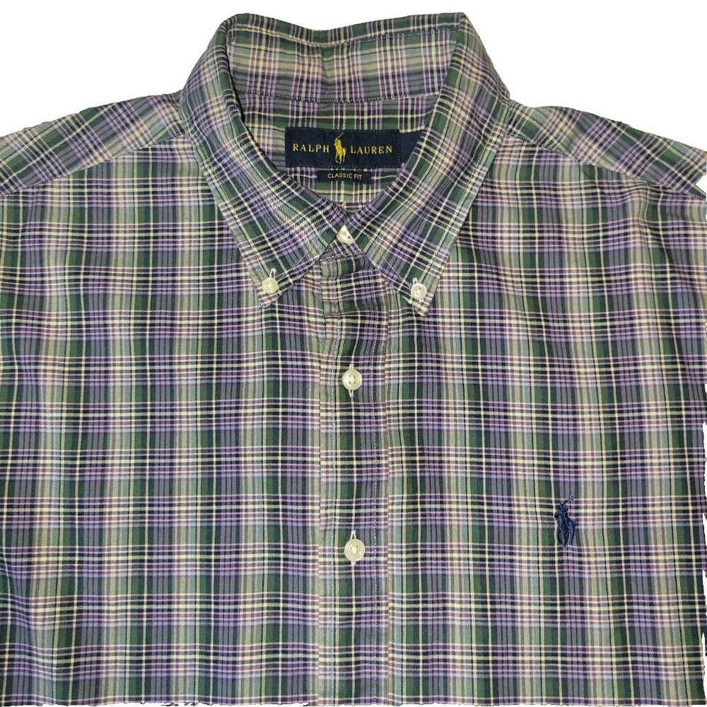 Ralph Lauren Dress Shirt Mens Large L Classic Fit Purple Plaid Button-Down LS